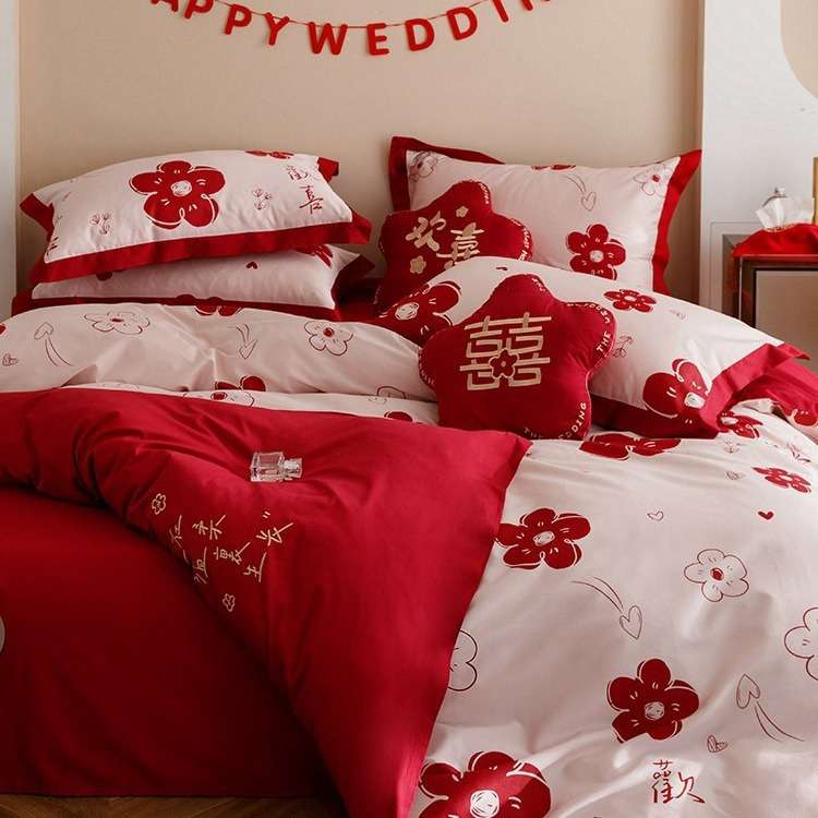 浪漫四季款双面婚庆长绒棉四件套印花刺绣结婚大红色被套床上用品