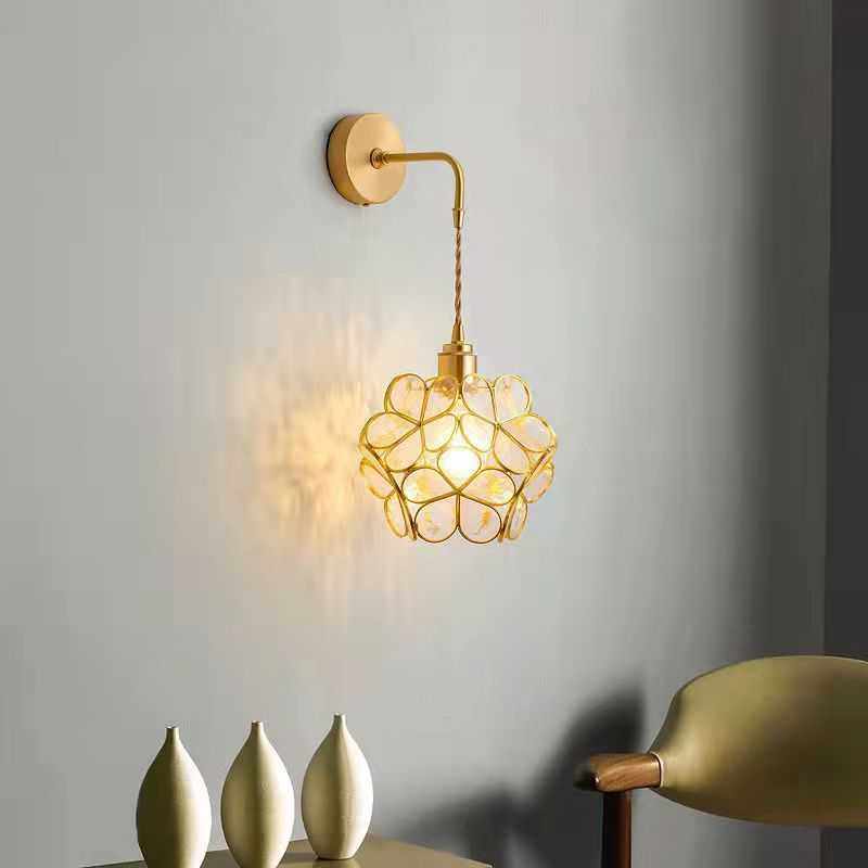 北欧轻奢全铜花朵花瓣玻璃壁灯客厅背景墙壁灯过道走廊卧室床头灯