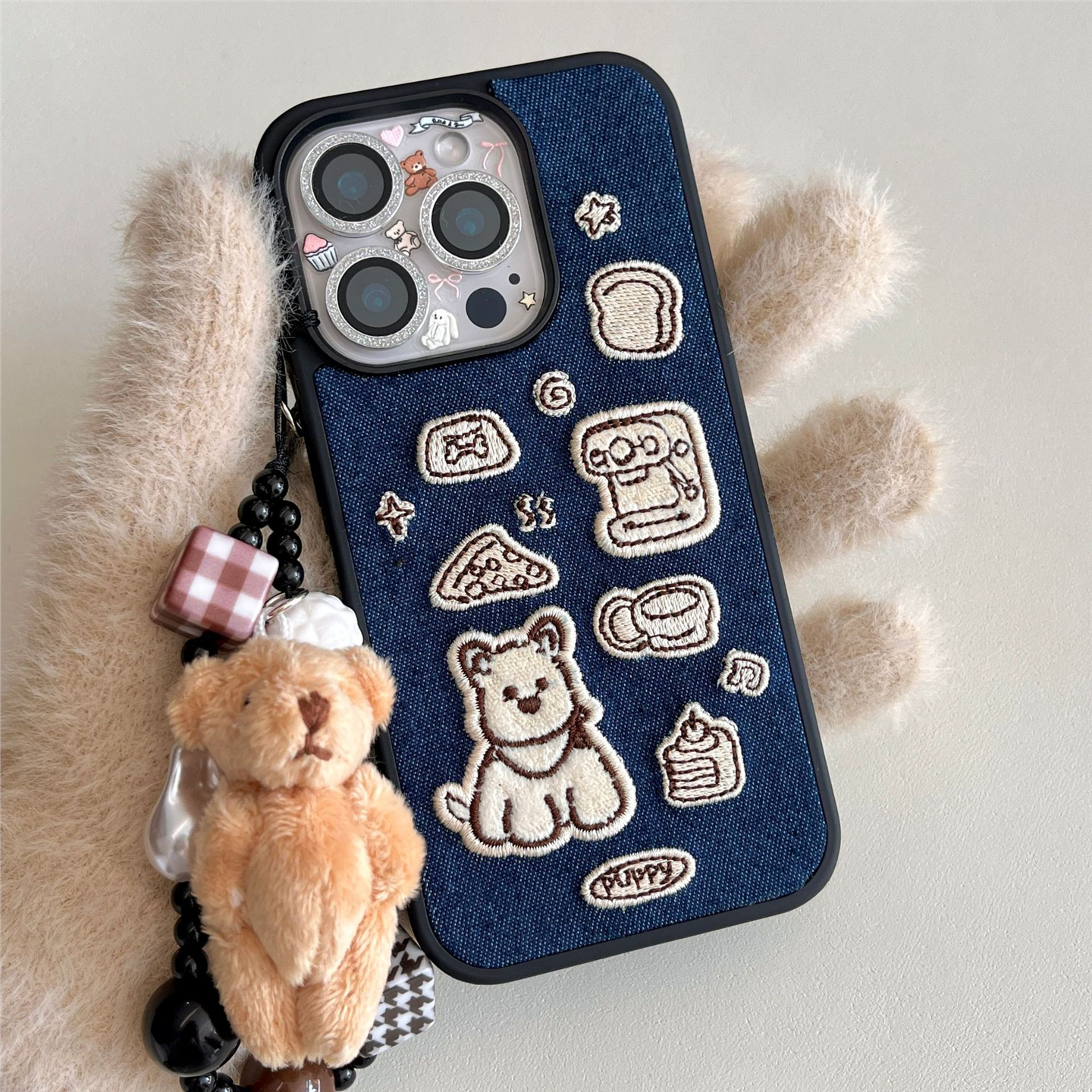 ins韩风牛仔刺绣小狗苹果手机壳