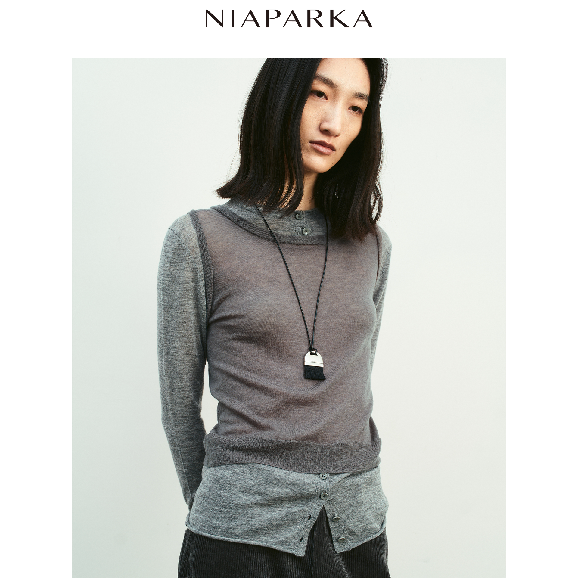 niaparka 26秋冬新款假两件拼接针织衫轻薄透气面膜纱设计感上衣