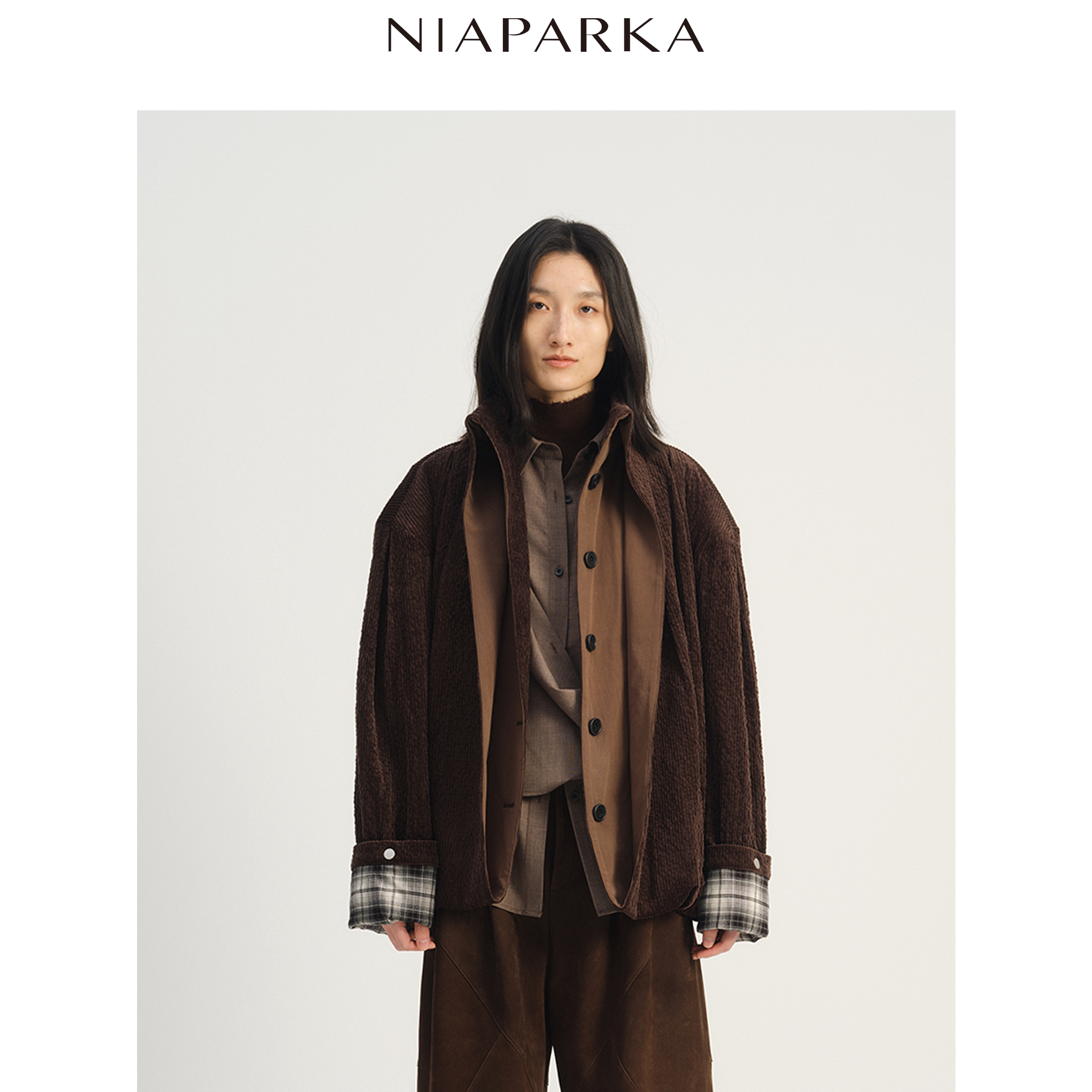 niaparka 2026秋冬复古灯芯绒外套双层领显脖长格子袖口学院风