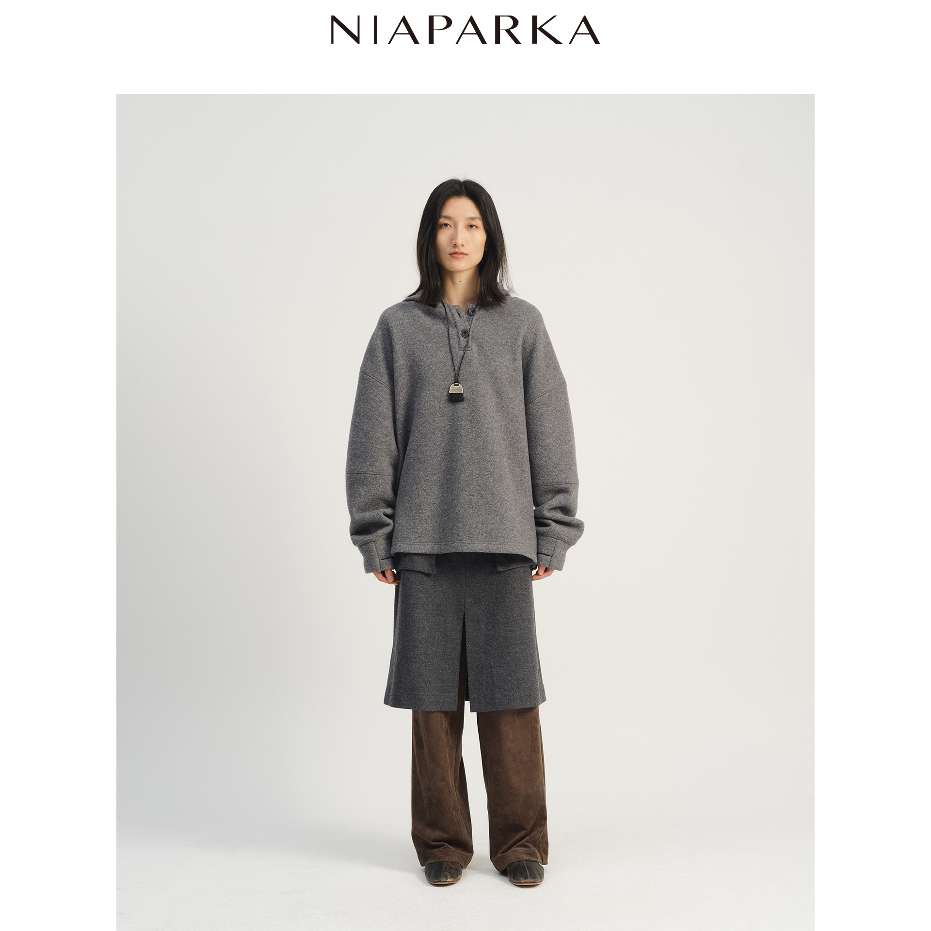 niaparka 2026秋冬新款麂皮拼接羊毛长裤双层结构遮肉垂感不贴腿