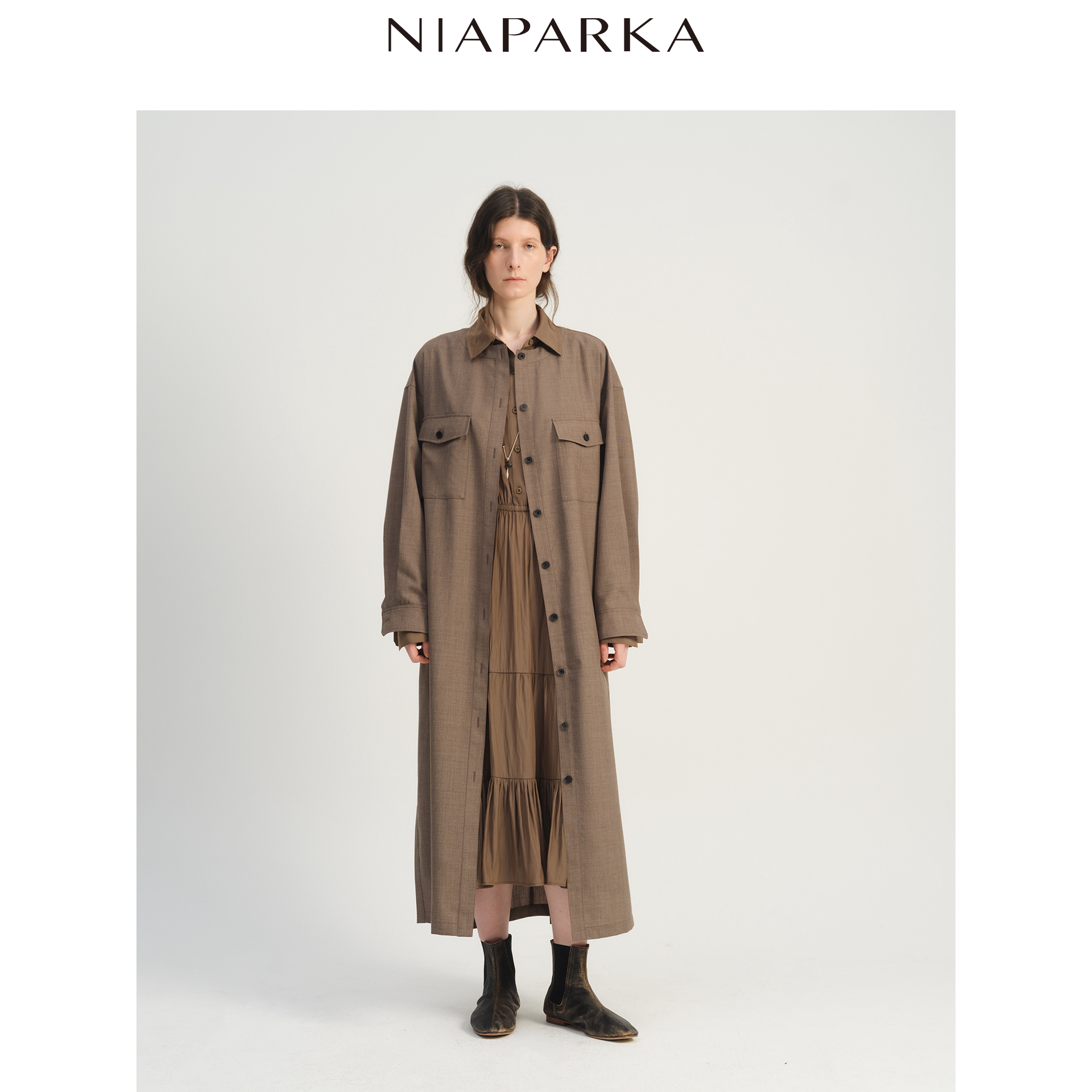 niaparka2026秋冬新款薄精纺羊毛长衬衫风衣 翻领双口袋 气质通勤