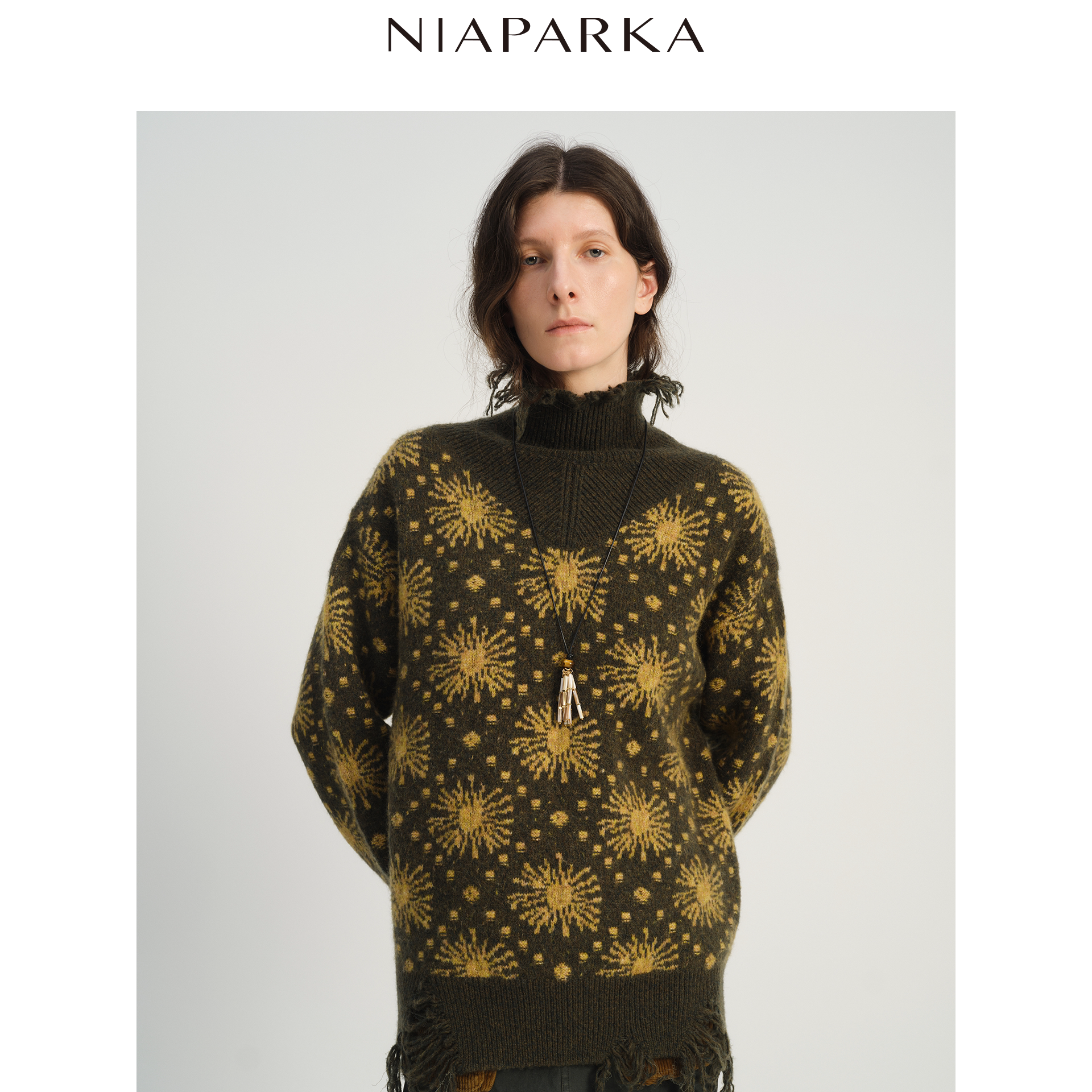 niaparka 2026秋季新款慵懒毛边针织衫 复古提花立体流苏下摆遮胯