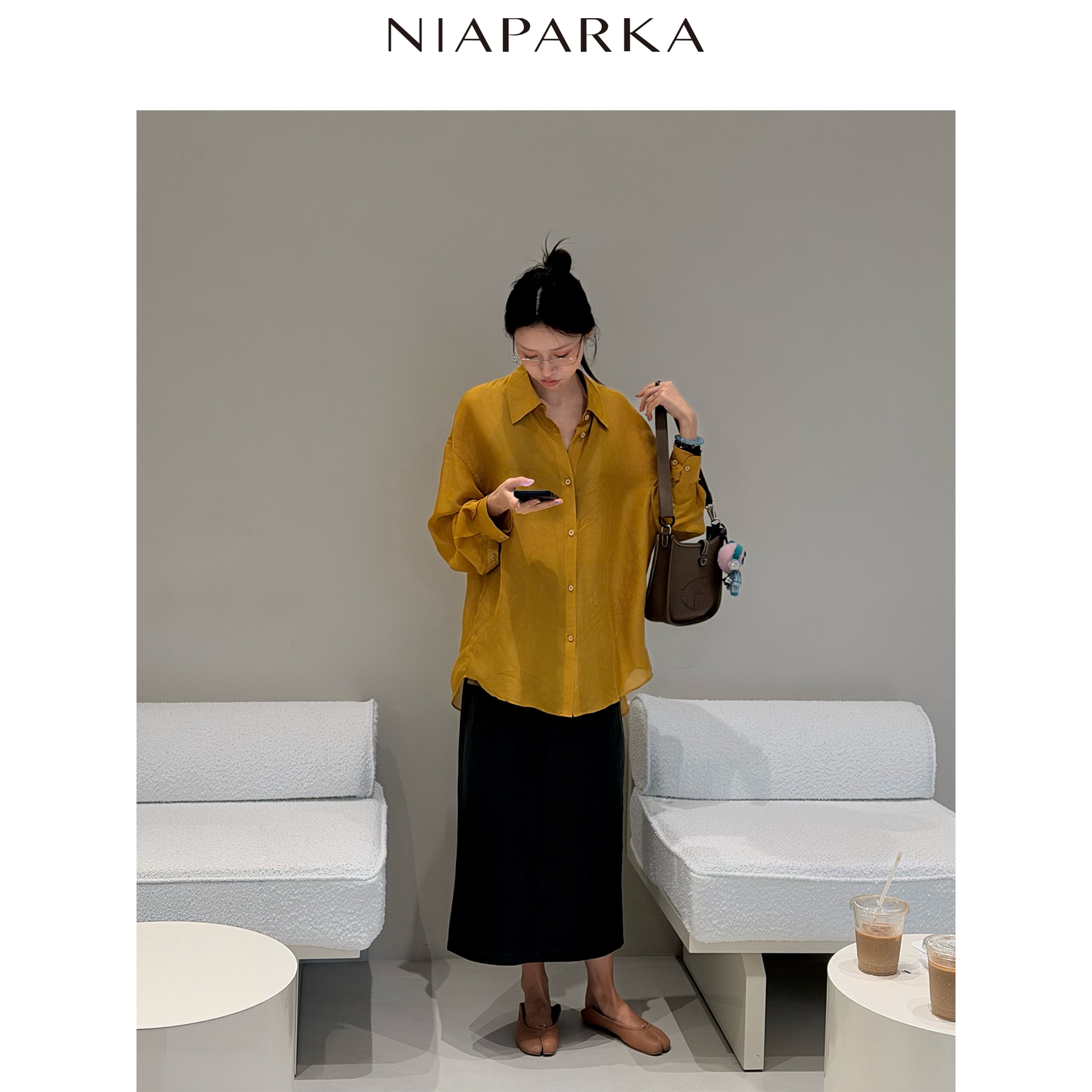 niaparka2026秋冬新款真丝乔其纱衬衫透气垂感 收腰遮肚显瘦