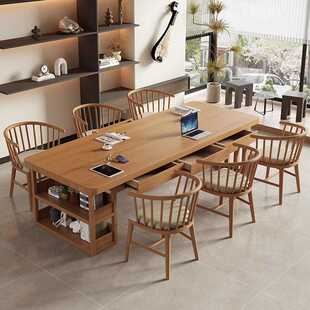 客厅实木书桌书架一体带抽屉书柜长桌家用工作办公桌学习写字桌子