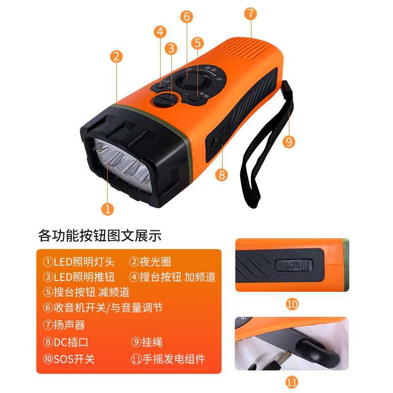 手摇手电筒收音机 多功能充电自发电家用应急灯照明户外用防灾