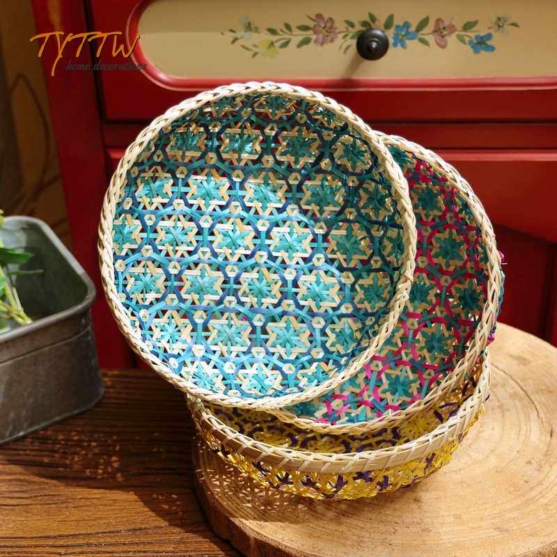 越南进口彩色天然柳编艺术手工编制装饰民宿花篮收纳盘拍摄道具
