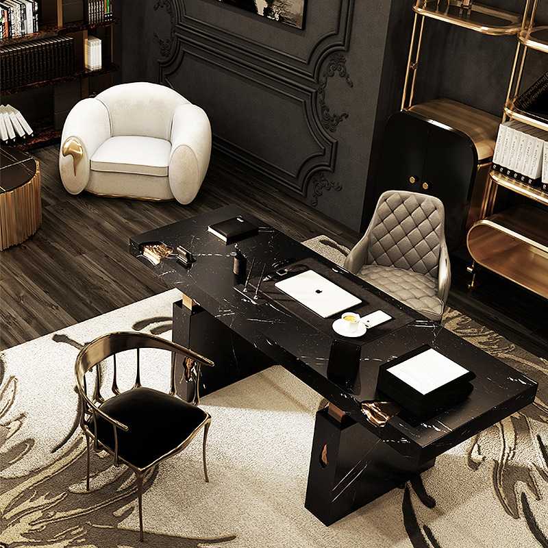 意式轻奢Bocadolobo书桌书房办公桌餐厅餐桌别墅异性大理石桌收纳