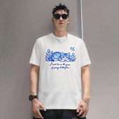 2026新款 T恤男白色圆领潮牌体恤打底衫 正肩半袖 国潮猫咪印花短袖