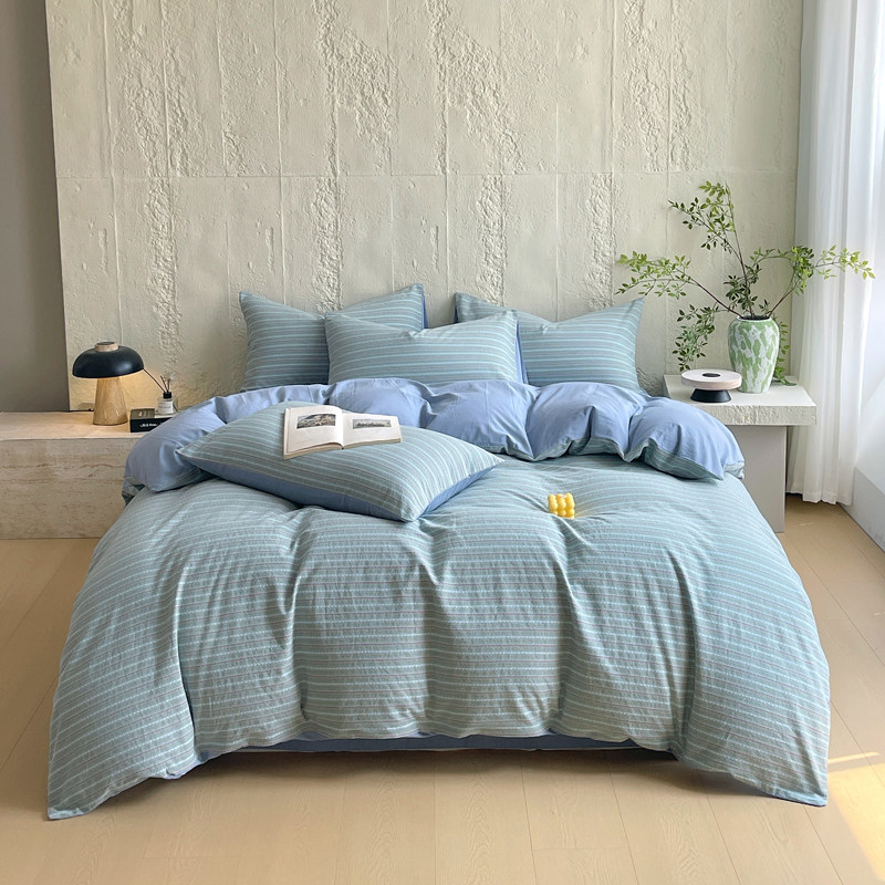 2026春夏新款全棉纯棉色织提花斜纹水洗棉四件套简约清新