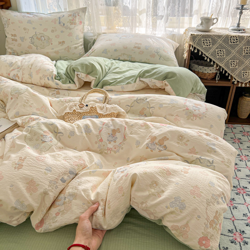 北极绒床上四件套双层纱印花学生宿舍床单床笠三件套四季通用被套