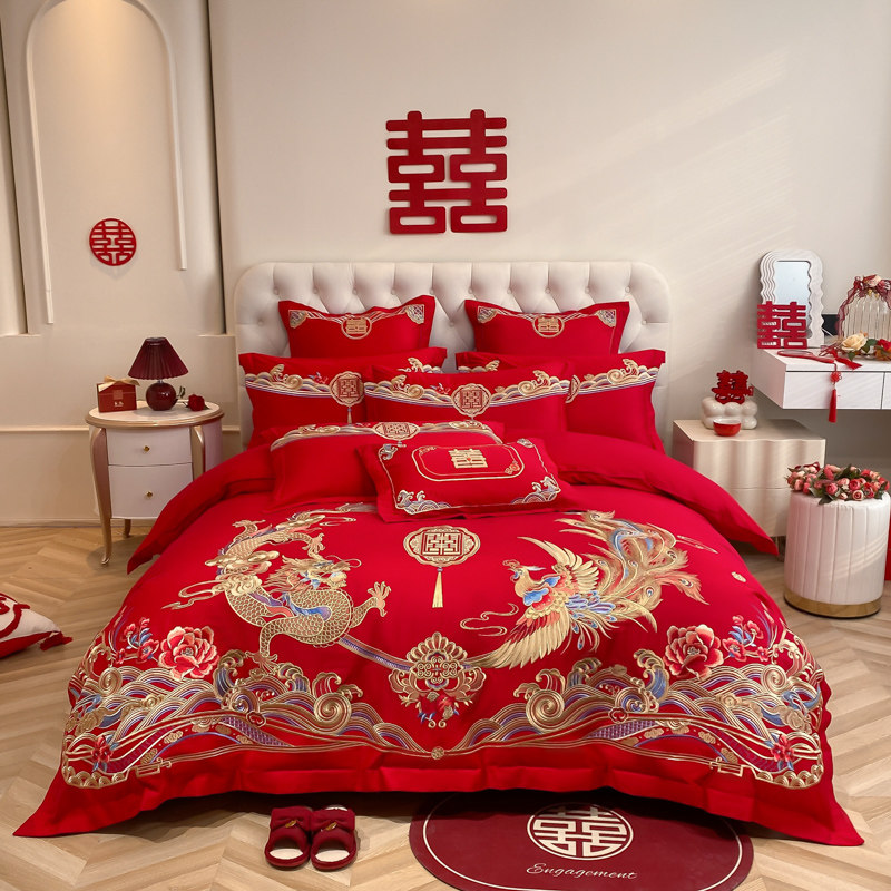 2026新款大红喜庆亲肤棉时尚重工刺绣婚庆四件套,床上用品,婚庆床品套件,淘宝优惠券,粉丝福利购,淘宝优惠卷