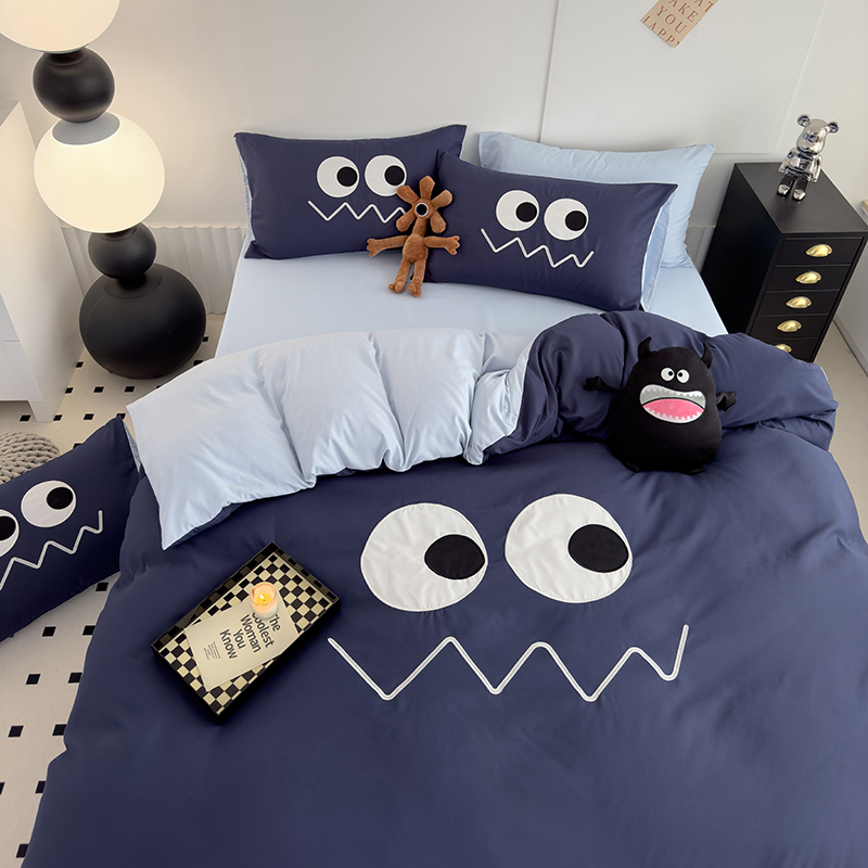 纯色可爱水洗棉小怪兽夏r季绣花四件套床单被套床笠款宿舍三件套4