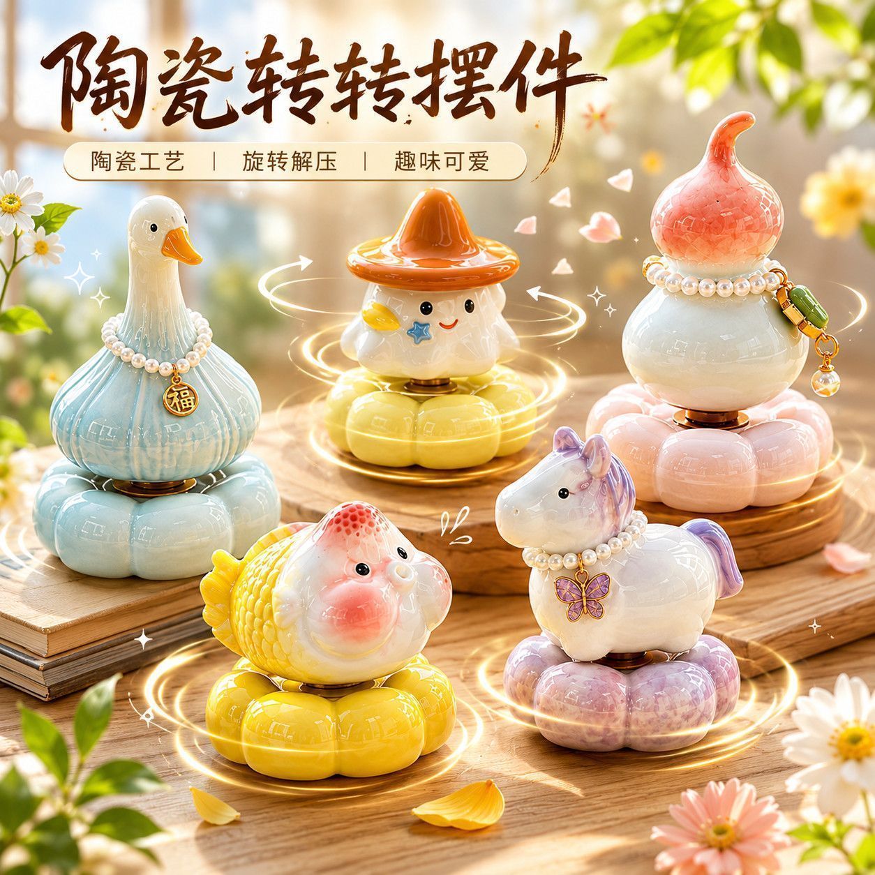 好运转不停景德镇陶瓷转转摆件办公室桌面装饰可旋转葫芦锦鲤小马