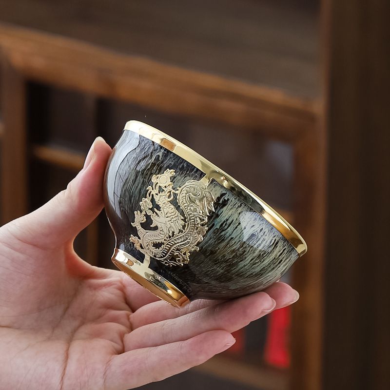 金镶玉茶杯龙凤镶金十二生肖建盏窑变轻奢品茗杯耐高温全套礼盒装