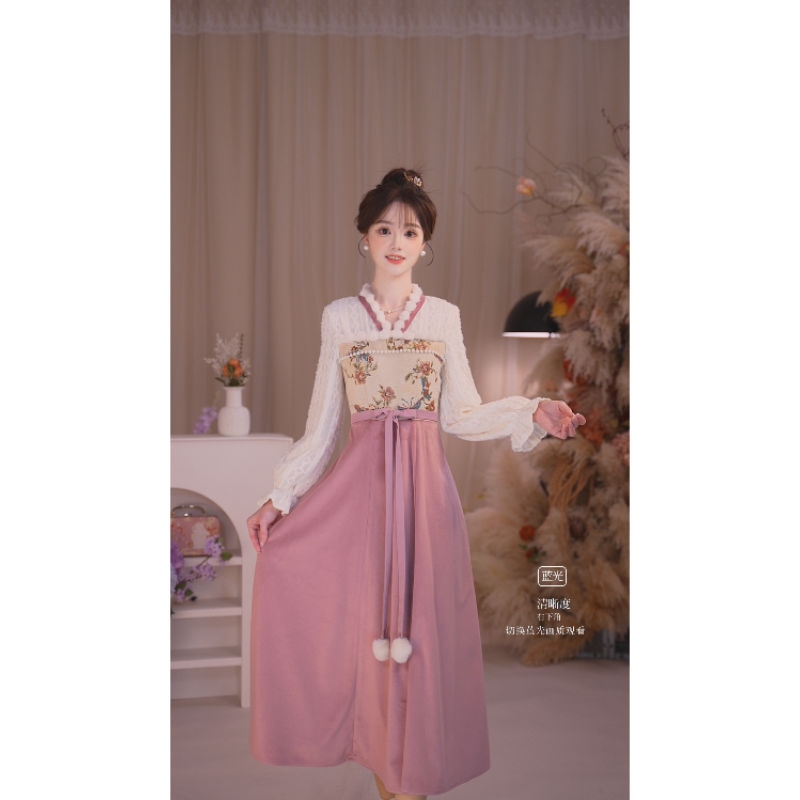 瑶西【粉眠花夕】冬季新款新中式国风氛围感加厚长款连衣裙汉元素