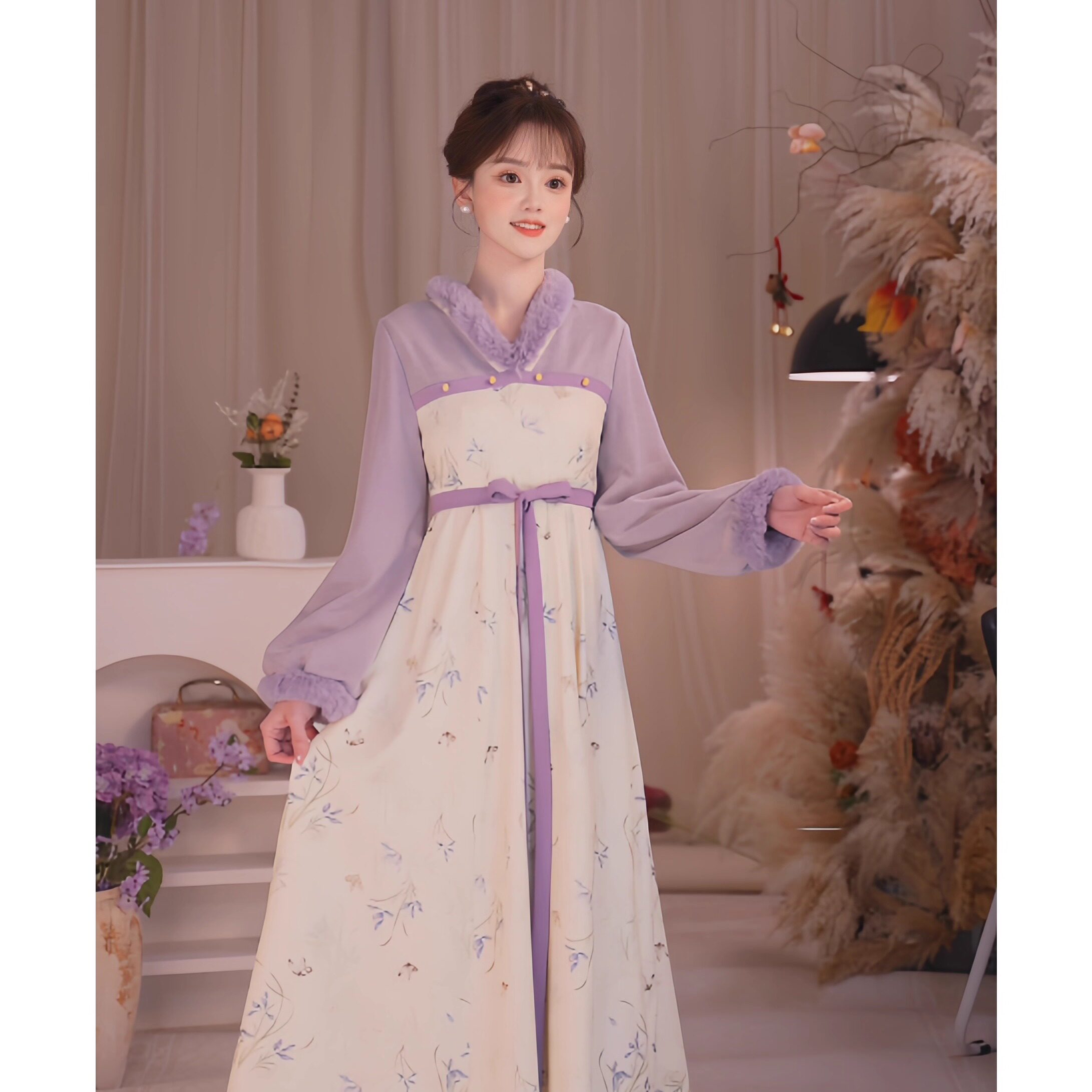 【清仓·紫铃暮雪】冬季仙雾紫V领毛领加绒款碎花长款连衣裙