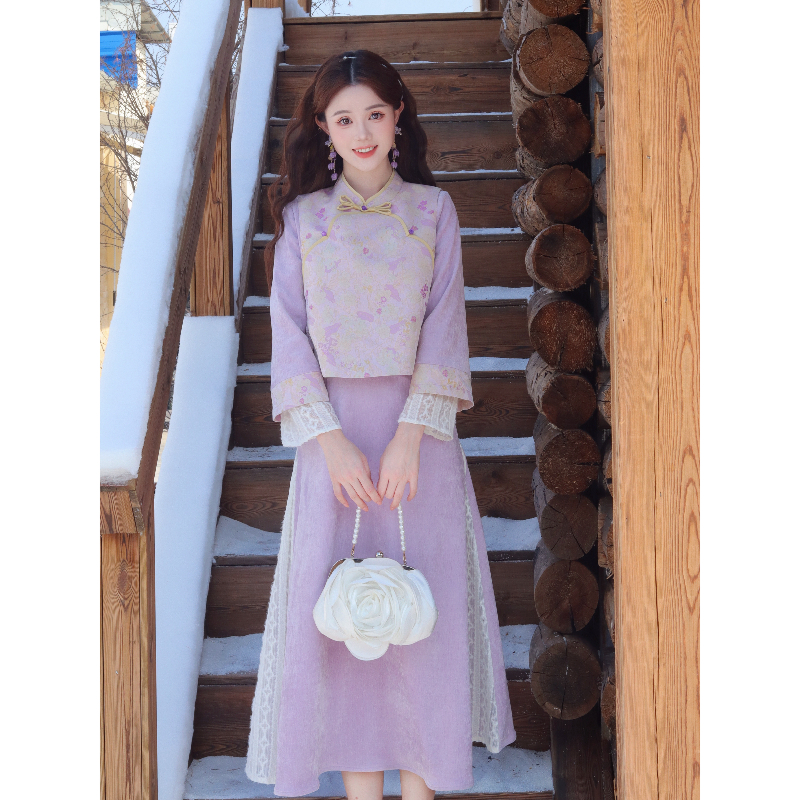 瑶西【锦花宴】紫色早秋裙子国风汉服新中式外套马甲三件套装