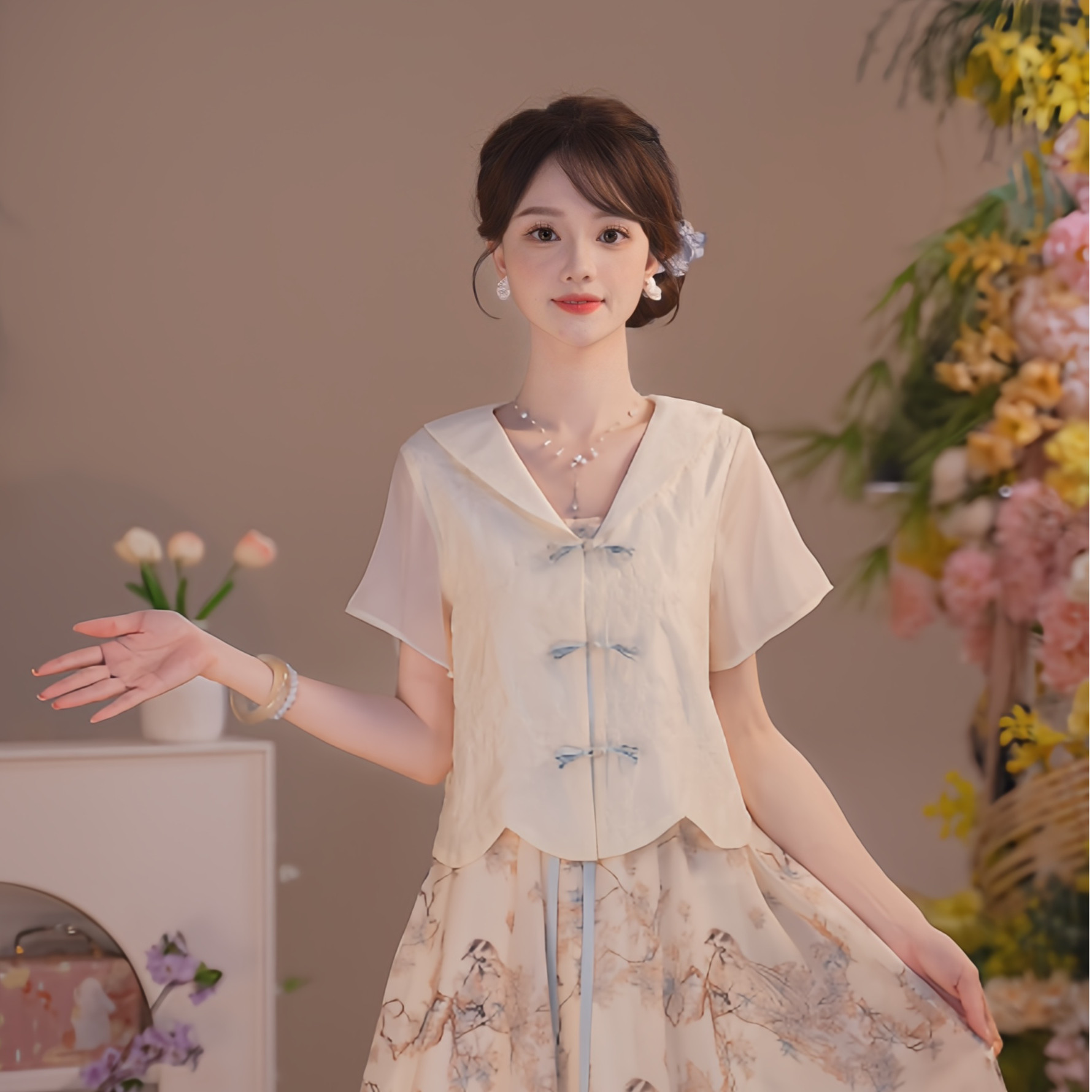 瑶西【白与蓝枝】国风汉原创日常刺绣盘扣开衫水墨花鸟印花吊带裙