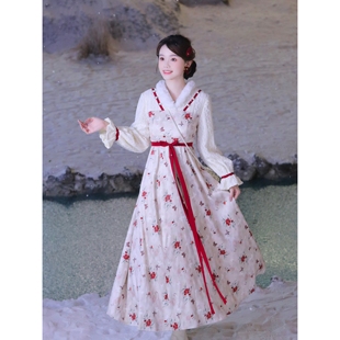 落雪山茶 国风加绒长款 冬季 毛绒蕾丝山茶花新中式 连裙 新款 瑶西