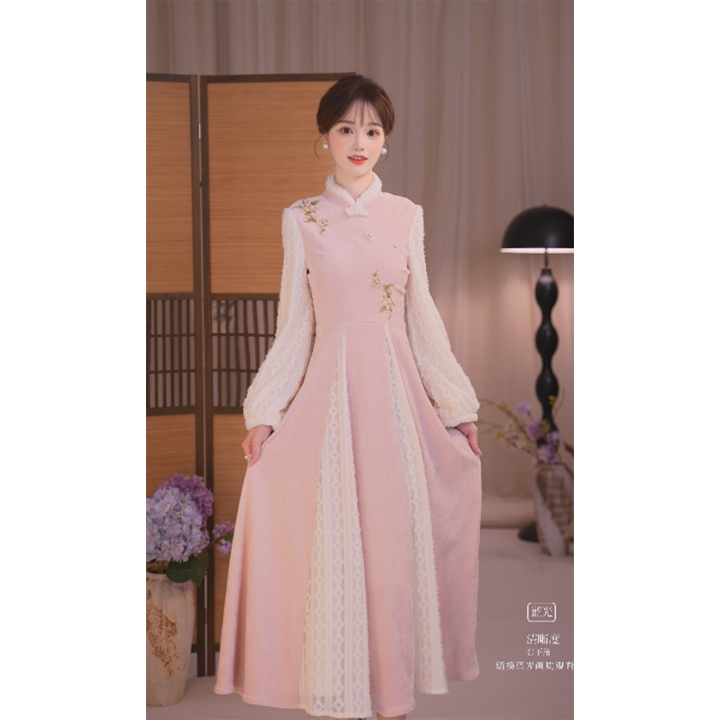 瑶西【粉雾棠眠】粉色刺绣新中式改良长裙蕾丝复古国风汉服连衣裙