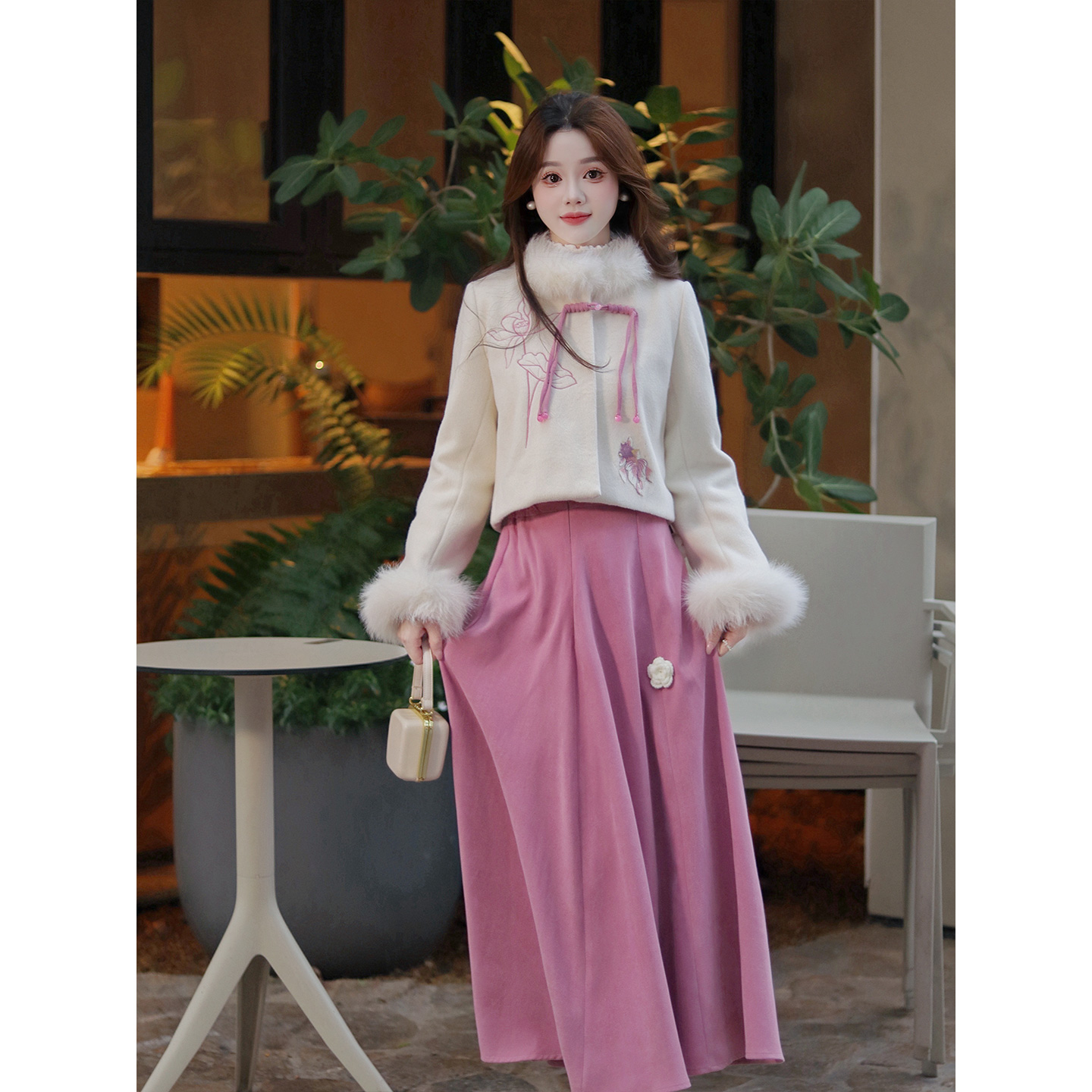 瑶西【粉黛山茶】杏刺绣短上衣立体花朵长裙国风汉服新中式两件套