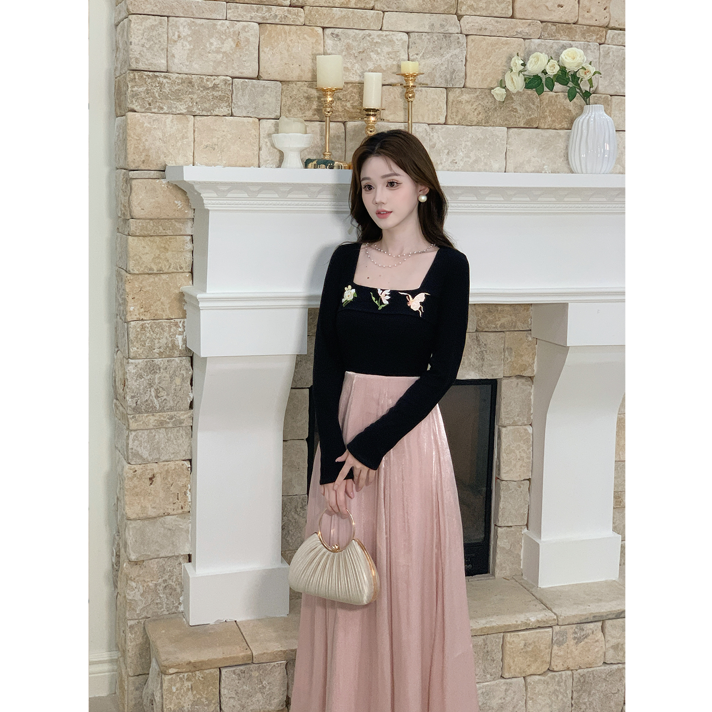 瑶西【粉雾流光】粉色裙子刺绣蝴蝶花朵上身针织国风汉服新中式