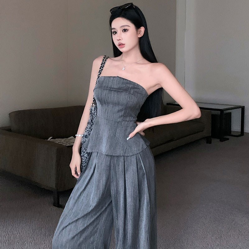 高级辣妹套装女h夏季设计感小众气质收腰抹胸休闲拖地阔腿裤两件