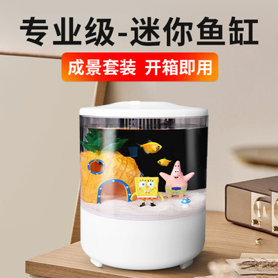 鱼缸客厅小型生态迷你斗鱼缸桌面家用海绵宝宝儿童造景套装潜水猫