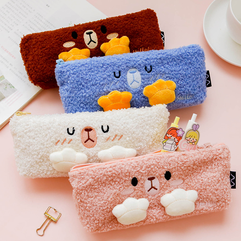 ins呆萌小熊毛绒笔袋 少女风可爱猫爪兔子铅笔袋学生用文具收纳包