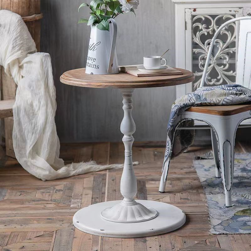 美式田园复古做旧铁艺茶几客厅咖啡厅角几实木小圆桌中古边几桌椅