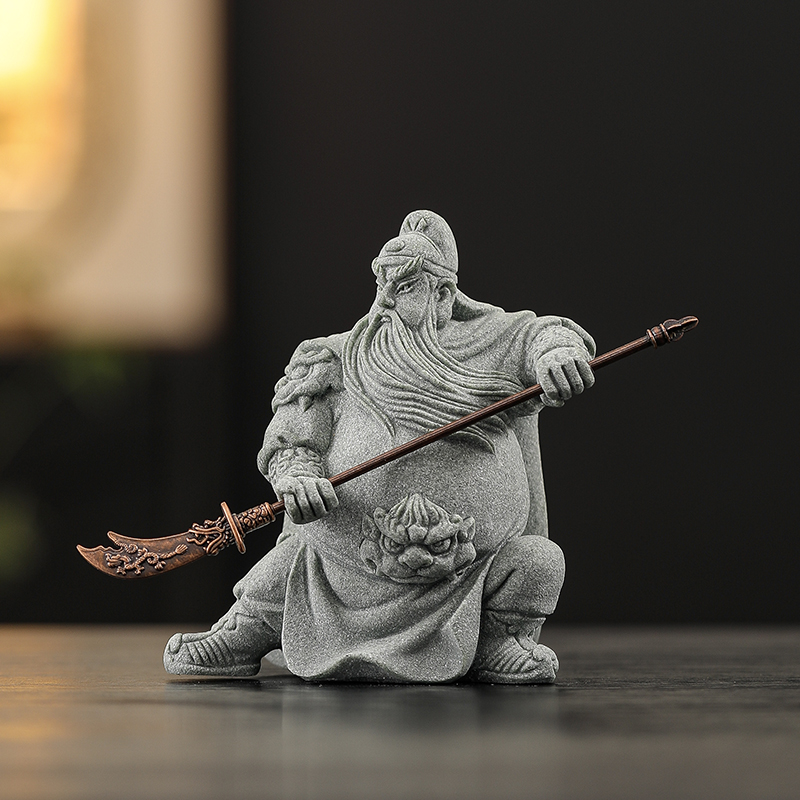 青砂石武财神关公神像人物单刀赴会家居博古架关二爷摆件招财镇宅