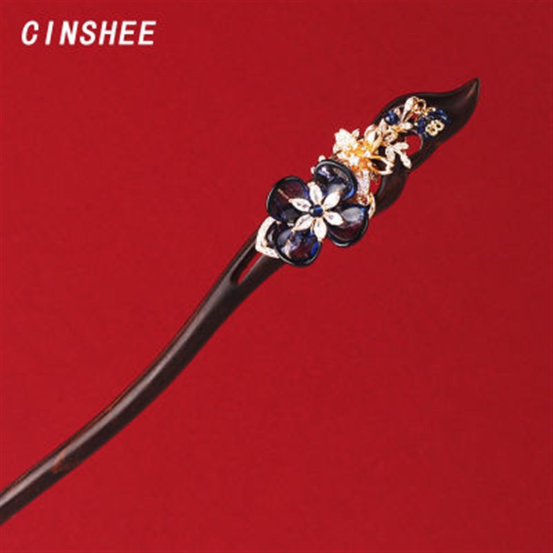 双面原创蓝色发簪现代简约精致花朵F黑檀木步摇古风古典手工高级