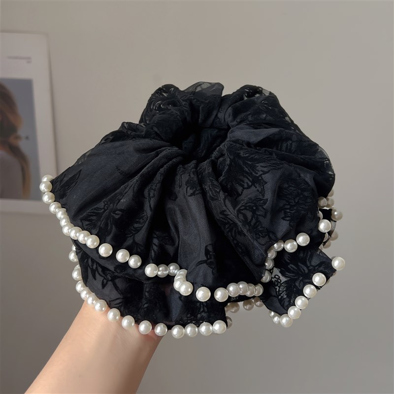 大号刺绣珍珠网纱大肠发圈马u尾发绳扎发复古简约法式高端2023新