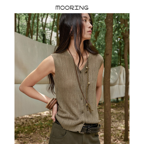MOORING泊 凉感透气无袖坑条针织开衫夏季薄款V领上衣女