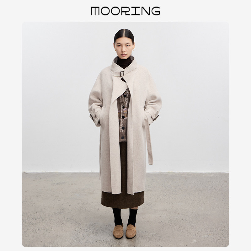MOORING泊 复古立领毛呢大衣长款收腰系带双面呢宽松秋冬外套女,女装/女士精品,毛呢外套,淘宝优惠券,粉丝福利购,淘宝优惠卷