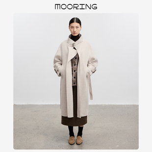 MOORING泊 复古立领毛呢大衣长款收腰系带双面呢宽松秋冬外套女