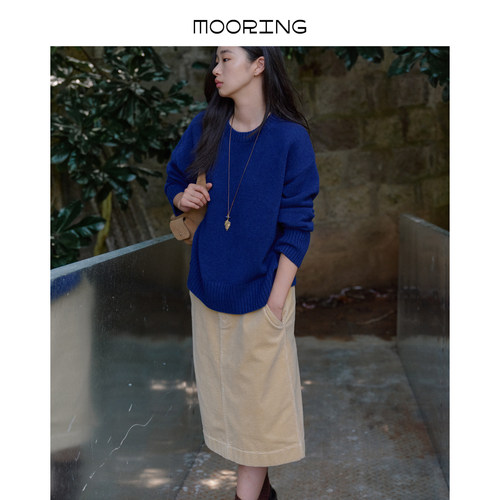 MOORING泊 复古文艺灯芯绒半身裙高腰显瘦百搭直筒后开衩裙子女