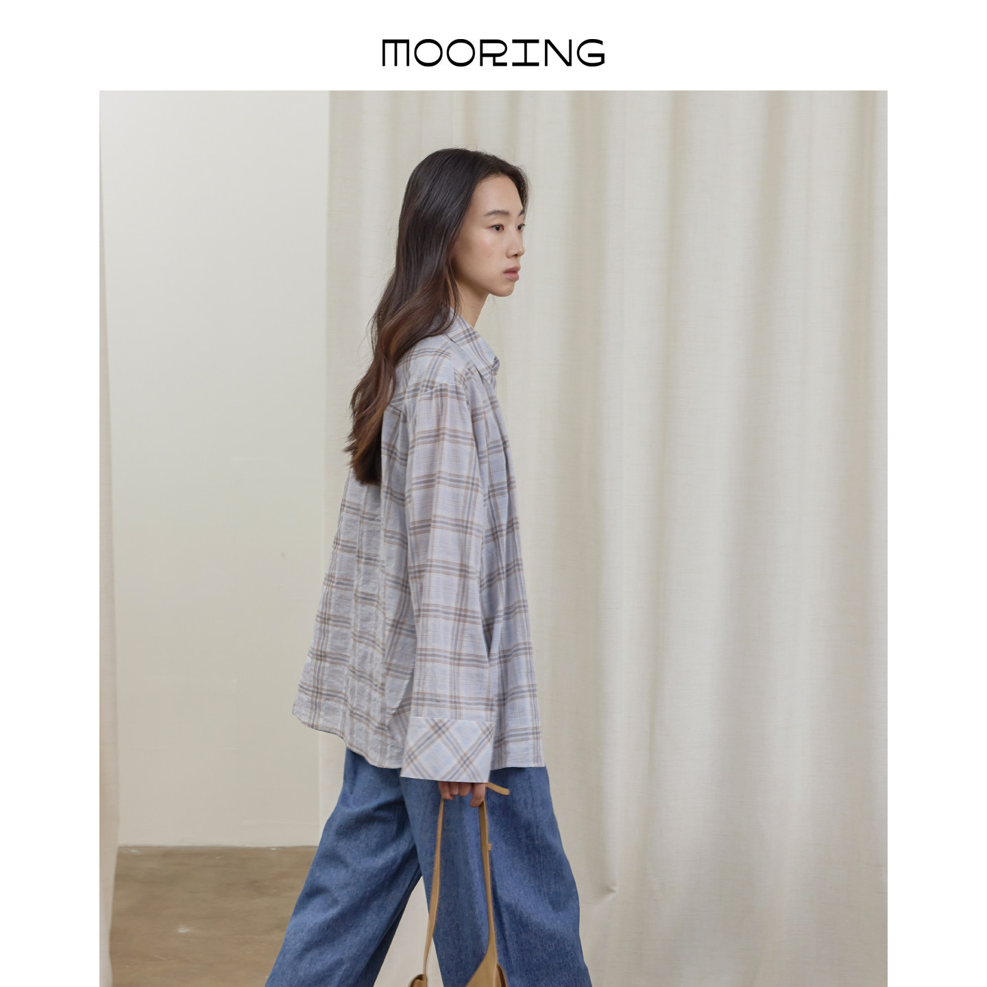 MOORING泊 100%棉透气宽松小方领格纹长袖衬衫上衣女26春新品
