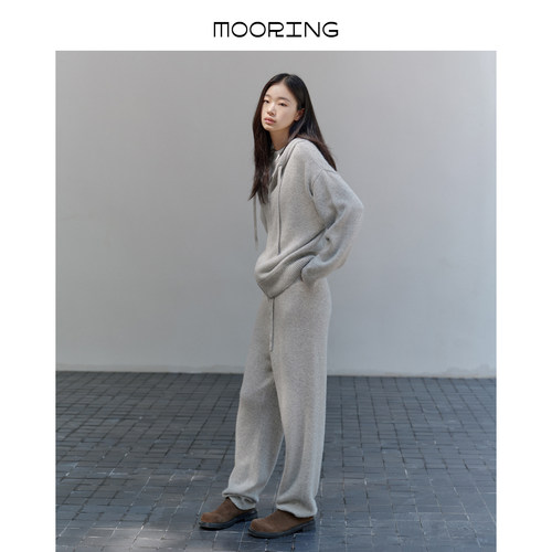 MOORING泊慵懒风落肩显瘦连帽开衫毛衣卫衣/高腰显瘦束脚针织卫裤