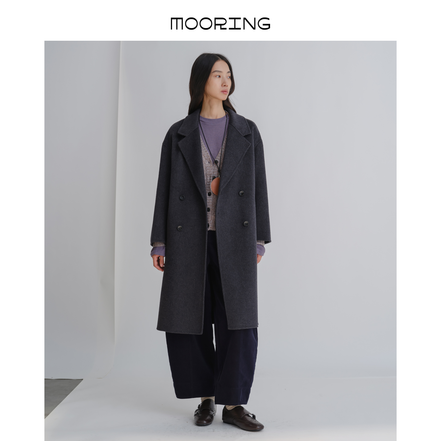 MOORING泊 简约H型廓形双排扣中长款双面呢大衣