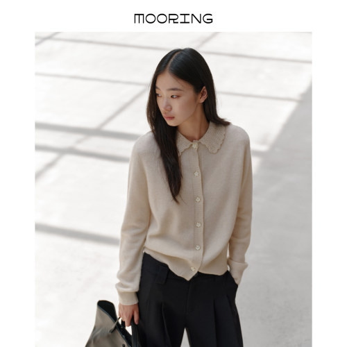 MOORING泊 26秋复古羊绒针织开衫镂空花边娃娃领短款软糯毛衣外套