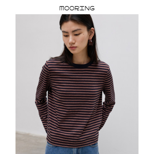 MOORING泊 复古条纹长袖T恤撞色圆领侧边开叉秋冬打底衫