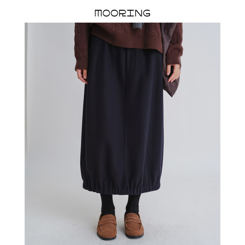 MOORING泊 复古松紧腰毛呢半身裙羊毛混纺显瘦开叉中长款裙子女