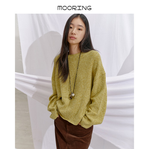 MOORING泊 26秋慵懒风花纱圆领羊毛针织衫落肩宽松显瘦复古毛衣女