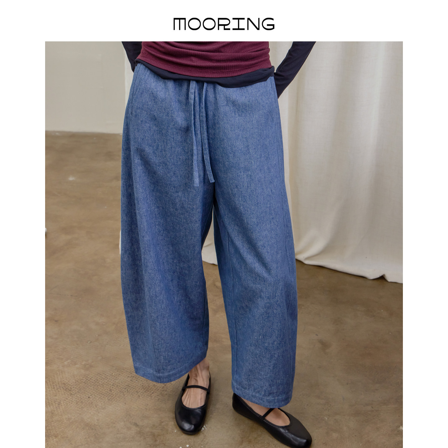 MOORING泊 棉麻牛仔透气垂顺气球裤廓形显瘦宽松九分阔腿裤
