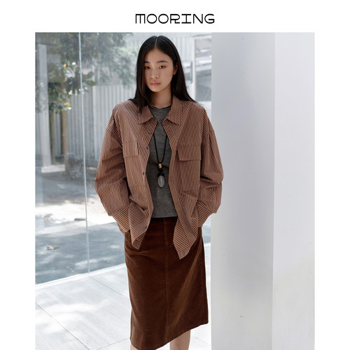 MOORING泊 26秋水洗棉竖条纹宽松廓形衬衫工装口袋百搭长袖上衣