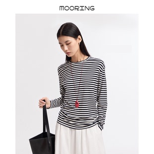 MOORING泊 复古慵懒撞色条纹T恤女亲肤百搭长袖内搭上衣女