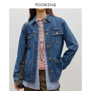復古多口袋單寧牛仔外套水洗藍翻領夾克上衣女 MOORING泊?美式